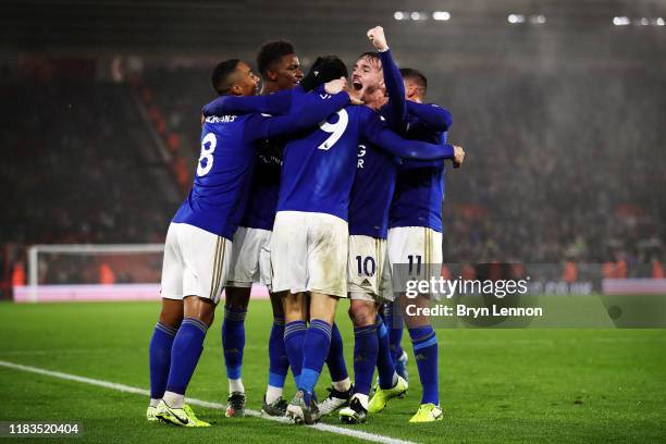 Jamie Vardy of Leicester City celebrates after scoring his sides ninth goal with James Maddison, Youri Tielemans and Demarai Gray during the Premier...