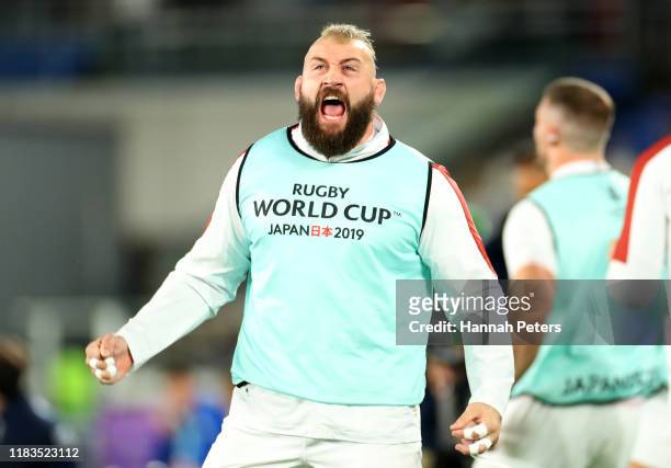 Joe Marler of England celebrates the try of Manu Tuilagi during the Rugby World Cup 2019 Semi-Final match between England and New Zealand at...