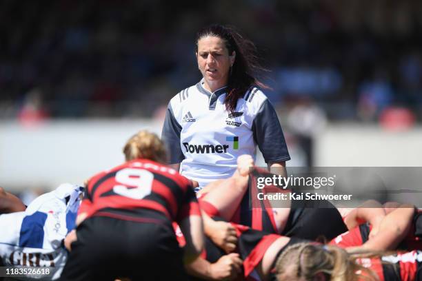 Referee Rebecca Mahoney reacts during the Farah Palmer Cup Final between Canterbury and Auckland at Rugby Park on October 26, 2019 in Christchurch,...