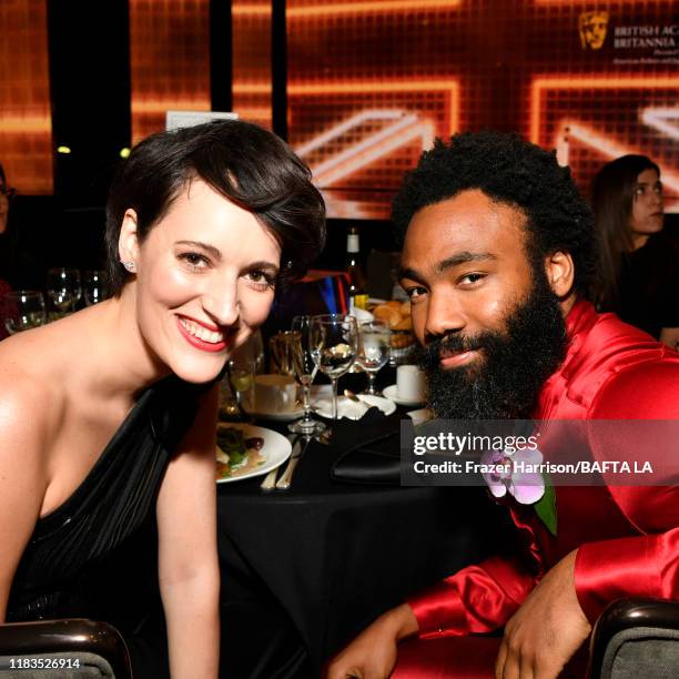 Phoebe Waller-Bridge and Donald Glover pose during the 2019 British Academy Britannia Awards presented by American Airlines and Jaguar Land Rover at...