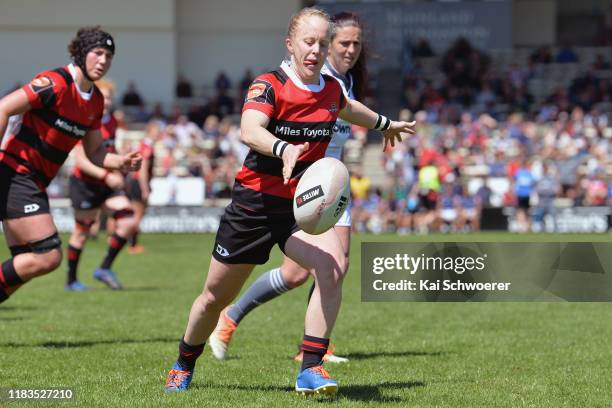 Kendra Cocksedge of Canterbury kicks the ball during the Farah Palmer Cup Final between Canterbury and Auckland at Rugby Park on October 26, 2019 in...