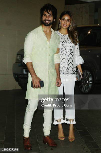 Actor Shahid Kapoor, and his wife Mira Rajput attend the Diwali Bash hosted by Actor Jackky Bhagnani on October 25, 2019 in Mumbai, India.