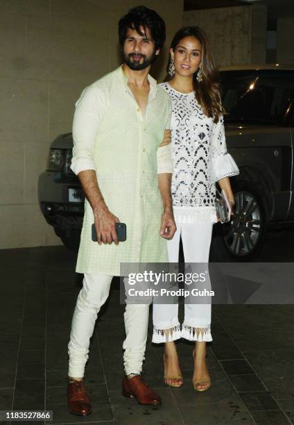 Actor Shahid Kapoor, and his wife Mira Rajput attend the Diwali Bash hosted by Actor Jackky Bhagnani on October 25, 2019 in Mumbai, India.