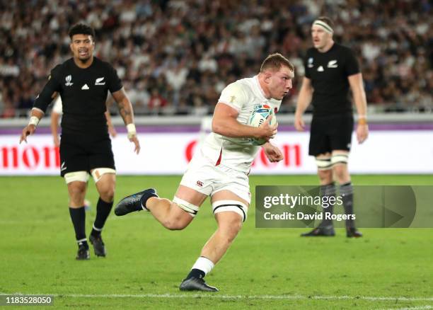 Sam Underhill of England touches down, but his try is later disallowed during the Rugby World Cup 2019 Semi-Final match between England and New...