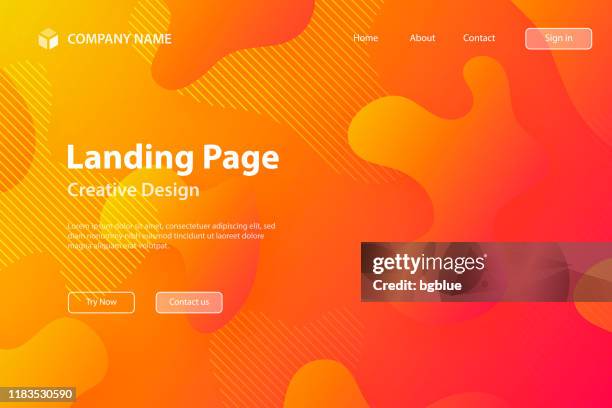 ilustraciones, imágenes clip art, dibujos animados e iconos de stock de plantilla de página de aterrizaje - diseño abstracto con formas fluidas sobre fondo degradado naranja - landing page