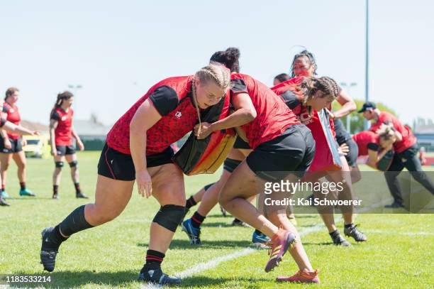 Phillipa Love of Canterbury warms up prior to the Farah Palmer Cup Final between Canterbury and Auckland at Rugby Park on October 26, 2019 in...