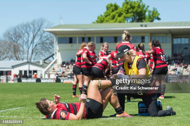 Lucy Anderson of Canterbury receives medical help during the Farah Palmer Cup Final between Canterbury and Auckland at Rugby Park on October 26, 2019...