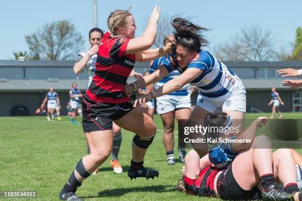 Fight breaks out between Phillipa Love of Canterbury and Aldora Itunu of Auckland during the Farah Palmer Cup Final between Canterbury and Auckland...