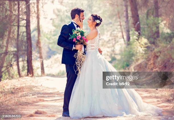 the bride and groom posing in nature. - rural scene wedding stock pictures, royalty-free photos & images