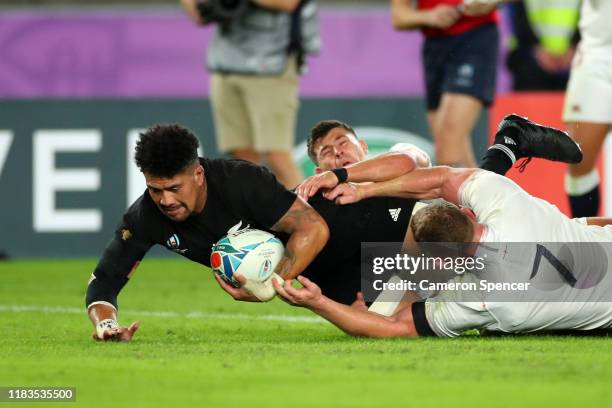 Ardie Savea of New Zealand crosses for his teams first try during the Rugby World Cup 2019 Semi-Final match between England and New Zealand at...