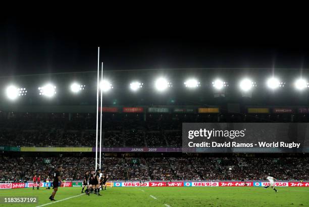 George Ford of England kicks a penalty during the Rugby World Cup 2019 Semi-Final match between England and New Zealand at International Stadium...