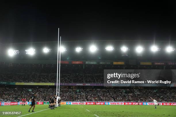 George Ford of England kicks a penalty during the Rugby World Cup 2019 Semi-Final match between England and New Zealand at International Stadium...