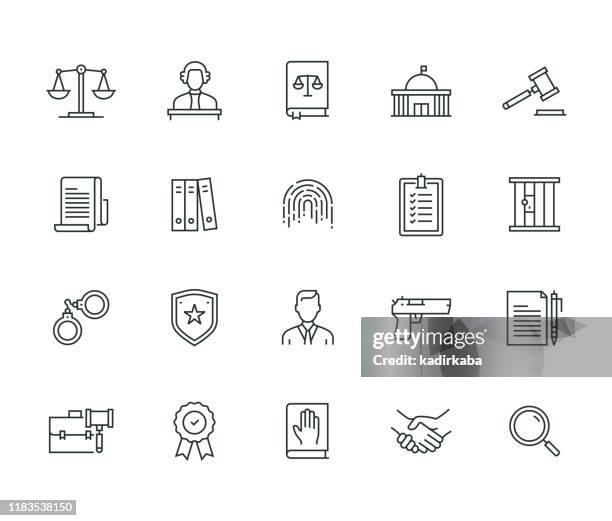 stockillustraties, clipart, cartoons en iconen met recht en rechtvaardigheid thin line serie - juridische verdediging