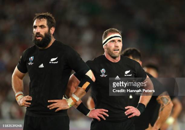 Samuel Whitelock and Kieran Read of New Zealand react during the Rugby World Cup 2019 Semi-Final match between England and New Zealand at...