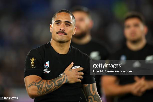 Aaron Smith of New Zealand gestures to the crowd after the Rugby World Cup 2019 Semi-Final match between England and New Zealand at International...