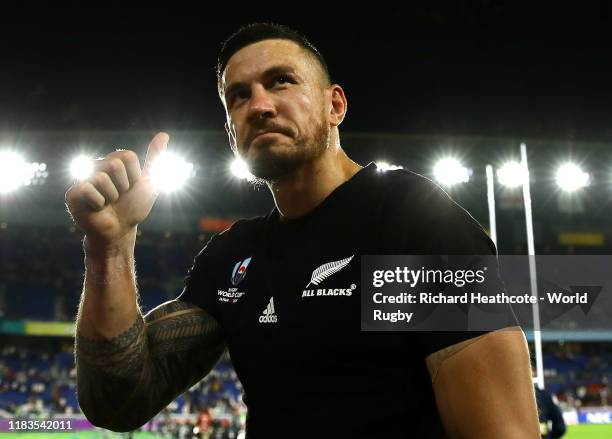 Sonny Bill Williams of New Zealand gestures to the crowd after the Rugby World Cup 2019 Semi-Final match between England and New Zealand at...