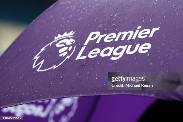 Detailed view of the Premier League logo is seen on an umbrella prior to the Premier League match between Manchester City and Aston Villa at Etihad...