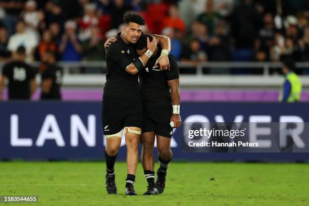 Ardie Savea and Sevu Reece of New Zealand look on in disappointment during the Rugby World Cup 2019 Semi-Final match between England and New Zealand...