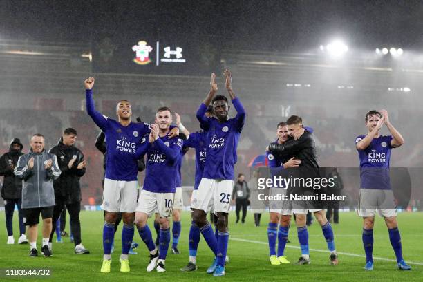 Leicester City celebrate towards the fans after their 9-0 victory during the Premier League match between Southampton FC and Leicester City at St...