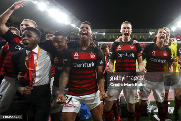 The Wanderers players celebrate with the crowd after victory during the round three A-League match between the Western Sydney Wanderers and Sydney FC...