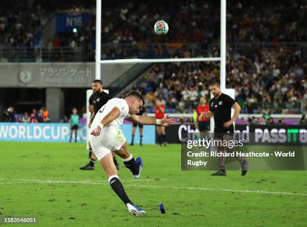 George Ford of England converts a penalty kick after the Rugby World Cup 2019 Semi-Final match between England and New Zealand at International...