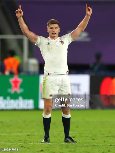 England player Owen Farrell celebrates just before the final whistle is blown during the Rugby World Cup 2019 Semi-Final match between England and...