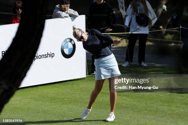 Nicole Broch Larsen of Denmark drives from a tee on the seventh hole during Round 3 of 2019 BMW Ladies Championship at LPGA International Busan on...