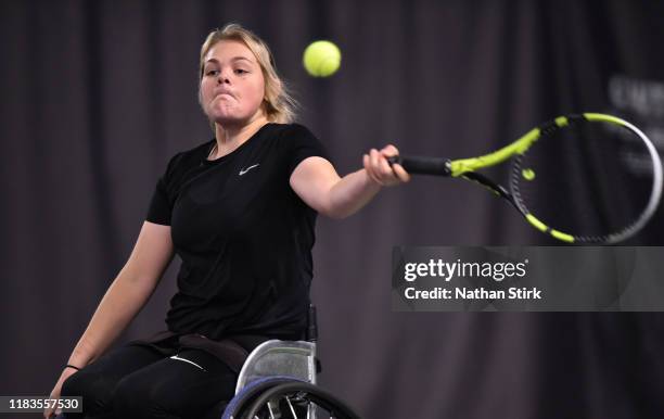 Ruby Bishop of Great Britain serves during the Abingdon Wheelchair Tennis Tournament at White Horse Leisure and Tennis Centre on October 26, 2019 in...