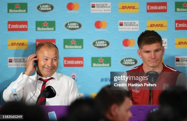 Eddie Jones, Head Coach of England and Owen Farrell of England speak to the media in a press conference following their team's victory in the Rugby...