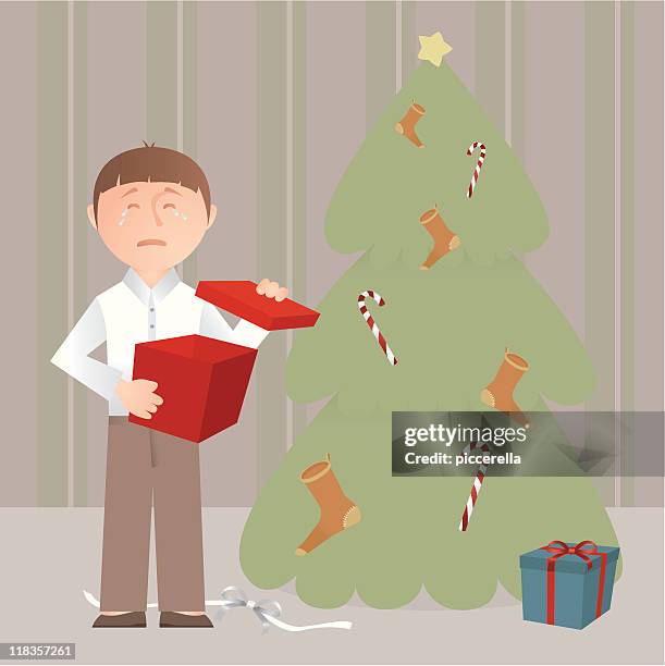 crying man opening a gift - sad christmas tree stock illustrations