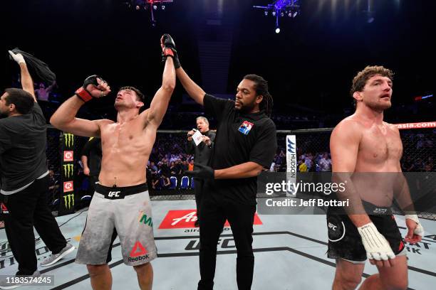 Demian Maia of Brazil celebrates his victory over Ben Askren in their welterweight bout during the UFC Fight Night event at Singapore Indoor Stadium...