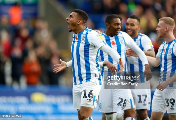 Karlan Grant of Huddersfield Town Scores a goal to make it 2-0 during the Sky Bet Championship match between Huddersfield Town and Barnsley at John...