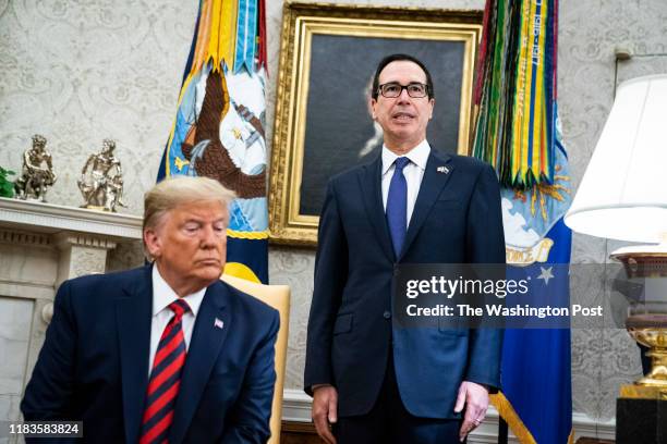 Secretary of the Treasury Steve Mnuchin speaks as President Donald J. Trump and First Lady Melania Trump meet with Australian Prime Minister Scott...