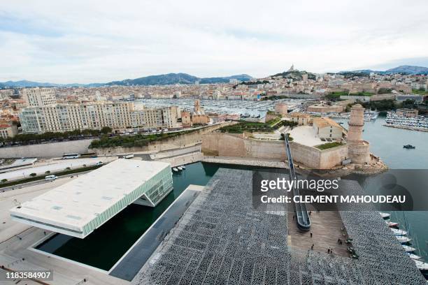 This photo taken on November 15, 2019 shows the Museum of European and Mediterranean Civilisations rooftop , the Villa Mediterranee , the Fort...