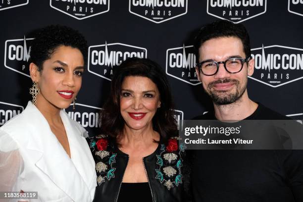 Actresses Dominique Tipper, Shohreh Aghdashloo and Actor Steven Strait attend day 2 of "Comic Con Paris 2019" at Grande Halle de La Villette on...