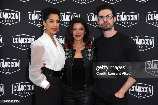 Actresses Dominique Tipper, Shohreh Aghdashloo and Actor Steven Strait attend day 2 of "Comic Con Paris 2019" at Grande Halle de La Villette on...