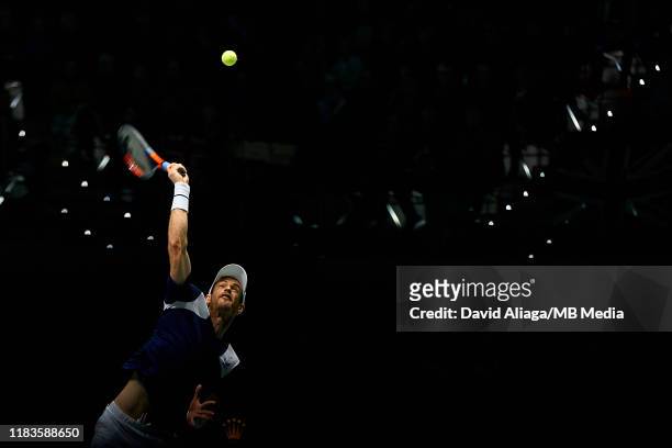 Andy Murray of Great Britain serves during his match against Tallon Griekspoor of The Netherlands during Day Three of the 2019 Davis Cup at La Caja...
