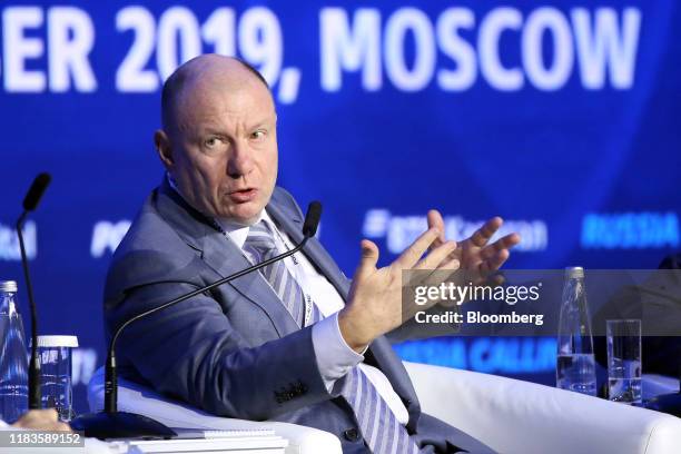 Vladimir Potanin, billionaire and owner of MMC Norilsk Nickel PJSC, gestures as he speaks during a panel session at the annual VTB Capital 'Russia...