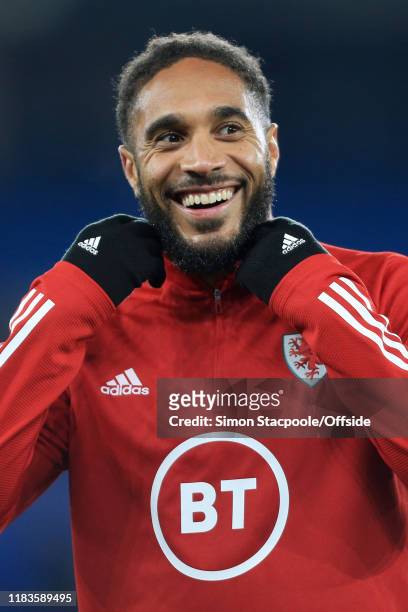 Ashley Williams of Wales smiles before the UEFA Euro 2020 Qualifier between Wales and Hungary at Cardiff City Stadium on November 19, 2019 in...