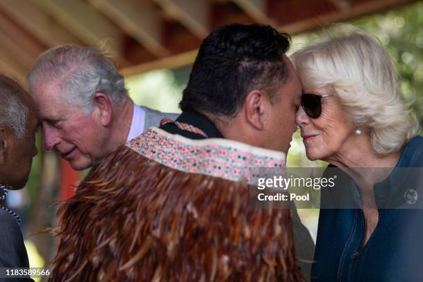 Prince Charles, Prince of Wales and Camilla, Duchess of Cornwall receive the Hongi, a traditional Maori welcome on November 20, 2019 in Waitangi, New...
