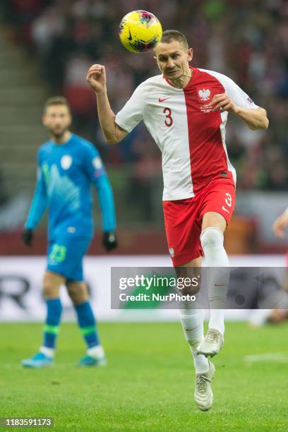 Artur Jedrzejczyk of Poland in action during the UEFA Euro 2020 Qualifier between Poland and Slovenia on November 19, 2019 in Warsaw, Poland.