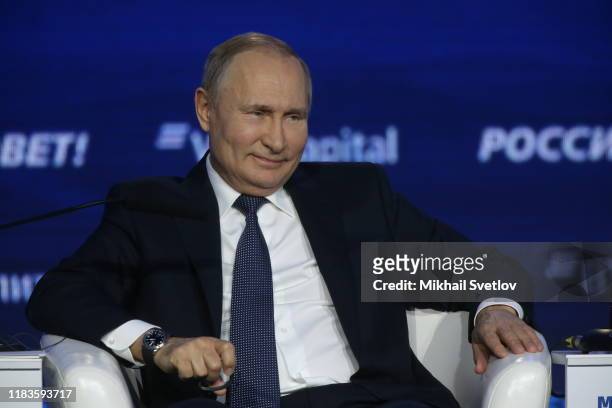 Russian President Vladimir Putin talks during the Russia Calling! VTB Capital Investment Forum on November 20, 2019 in Moscow, Russia. Russia has...