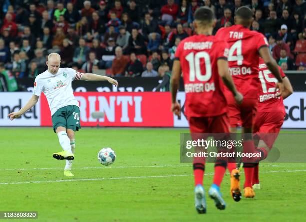 Davy Klaassen of SV Werder Bremen scores his team's second goal during the Bundesliga match between Bayer 04 Leverkusen and SV Werder Bremen at...
