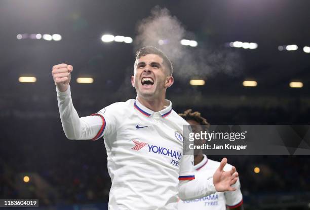 Christian Pulisic of Chelsea celebrates after scoring his team's third goal during the Premier League match between Burnley FC and Chelsea FC at Turf...