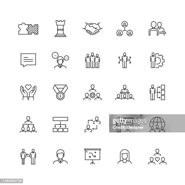 ilustraciones, imágenes clip art, dibujos animados e iconos de stock de conjunto simple de iconos de línea vectorial relacionados con la colaboración - grupo multiétnico