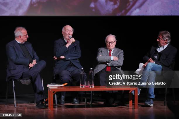 Walter Veltroni, Giuliano Montaldo, a guest and Felice Laudadio attend the "Kapò" screening during the 14th Rome Film Festival on October 26, 2019 in...