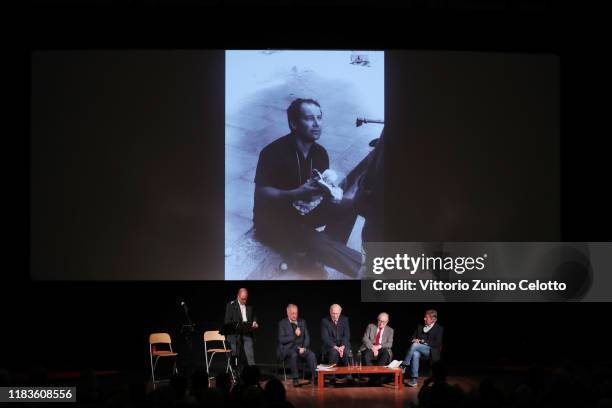 Walter Veltroni, Giuliano Montaldo, a guest and Felice Laudadio attend the "Kapò" screening during the 14th Rome Film Festival on October 26, 2019 in...