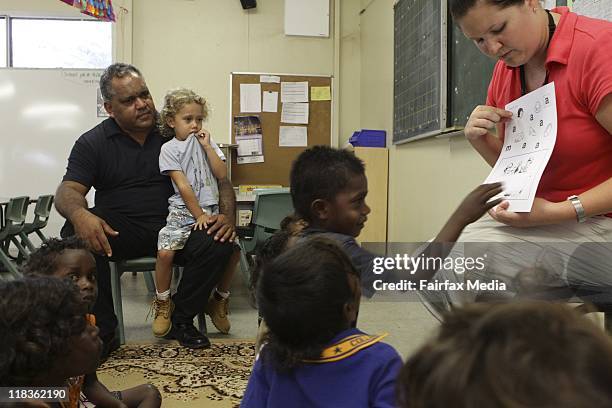 Noel Pearson with his son Charlie at the Cape York Australian Aboriginal academy Aurukun campus.photo taken on the 27th of may 2010.