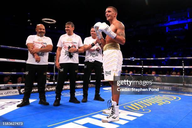 Lee Selby celebrates victory over Ricky Burns during their lightweight fight at The O2 Arena on October 26, 2019 in London, England.
