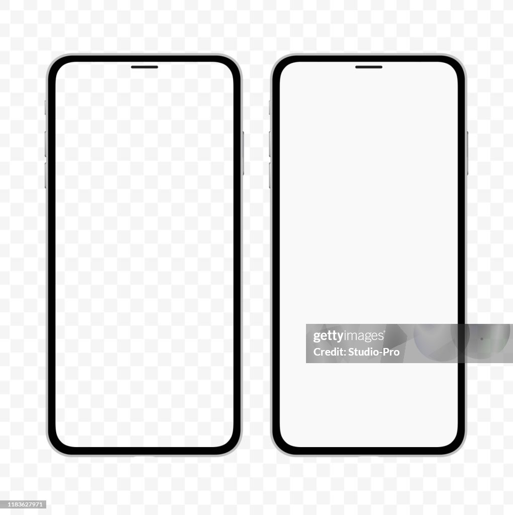 Nueva versión de teléfono inteligente delgado similar al iphone con blanco en blanco y pantalla transparente. Ilustración vectorial realista.